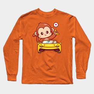 Cute Monkey Driving Car And Holding Banana Cartoon Long Sleeve T-Shirt